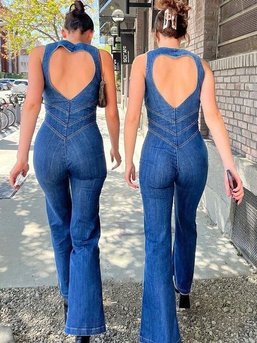 Weird Puss Denim Elegant Jumpsuit Women Zipper Heart Backless High