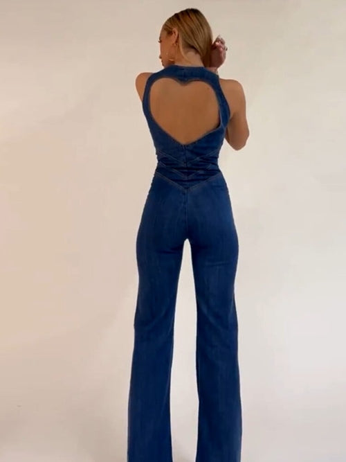 Weird Puss Denim Elegant Jumpsuit Women Zipper Heart Backless High